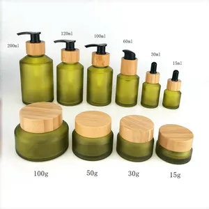Matte Cream Jar 30g 50g 15ml 60ml 120ml Frosted Green Black Bamboo Lid Glass Packaging Cosmetic Bottles For Dropper Pump Cap