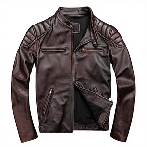 Veste de moto pour homme en cuir véritable, écologique, coupe-vent, chauffante, col rond, coupe ajustée, longueur normale, couleur unie, fermeture éclair - Product Image 1