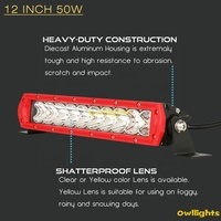Barre lumineuse LED ultra-mince à une seule rangée Red Owllights 12V 24V 12 pouces 50W pour Patriot Wagoneer Truck Tractor ATV