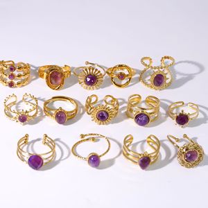 Anillos de acero inoxidable, joyería para mujer, chapado en oro de 18K, resistente al agua, sin deslustre, abierto, ajustable, piedra Natural, anillo de amatista curativo - Product Image 5