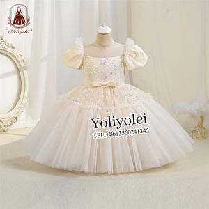 Venta al por mayor Girl Cake <span class=keywords><strong>Tutu</strong></span> Dress Fluffy Sequin Puff Sleeve Big Bow Flower Girl Party Birthday Dress para niñas de 4 a 12 años - Product Image 1