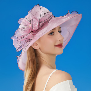 2026 MS Fancy Adult Elegant Wide Brim Church <b>Hats</b> Party Travel Outdoor Women's Flower Organza Ladies Beach Sun <b>Hat</b> - Product Image 5