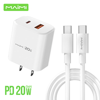 Chargeur rapide 20W PD en gros, prise US, adaptateur double port USB A+C, technologie GaN, chargeur de téléphone avec câble C vers C