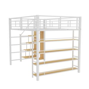 <span class=keywords><strong>Lit</strong></span> <span class=keywords><strong>mezzanine</strong></span> moderne DNF pour enfants 140x200cm, taille Twin XL, structure métallique, escalier de sécurité, tiroirs de rangement, placard, blanc - Product Image 4