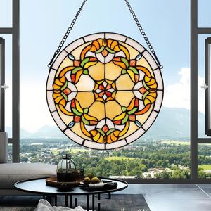 Panneau de fenêtre en verre Tiffany massif de 12 pouces, style baroque, motif floral jaune, avec crochet à chaîne, pour salon et cuisine - Product Image 3