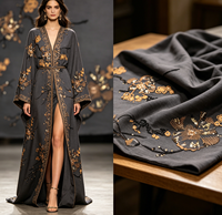 Tissu en Chiffon Gris Foncé avec Broderie de Fleurs de Prunier Noires et Dorées, Style Oriental pour Robes de Soirée, Abayas, Garçons