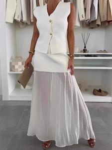 ชุดเซ็ตกระโปรงยาวทรงพลีทถักนิตติ้งแขนกุดติดกระดุมสำหรับฤดูใบไม้ผลิและฤดูร้อน แฟชั่นสำหรับผู้หญิง - Product Image 3