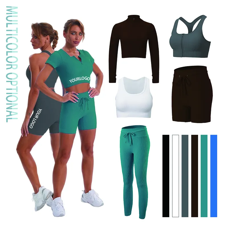 Spandex zipper seamless drawstring 5 piece jogging womens fitness workout sets fade sports bra and legg crop jacket activewear
