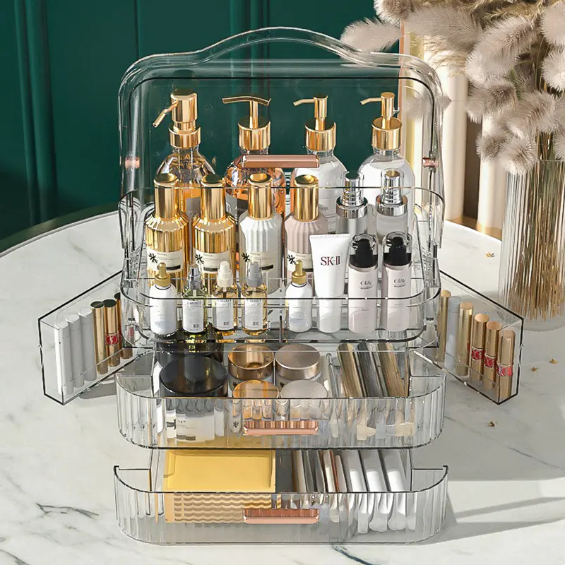 Büyük kapasiteli kozmetik saklama kutusu cilt bakımı vitrinin su geçirmez toz banyo Vanity çekmece güzellik makyaj organizatör