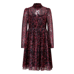 knee length dresses for ladies 1960s Black and Red Print Dress with Mesh Bodice and Matching Overlay   Style & Salvage
