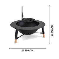 Barbecue et foyer autoportant moderne 100 cm avec bras articulé, grille en fonte, pieds trépieds en acier peint et pieds en bois, portable