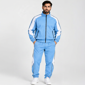 INDEX Unisex Light Blue Sporty Track <b>Pants</b> With <b>White</b> Stripes Drawstring Closure Regular Fit Full Length Breathable Polyester - Product Image 1