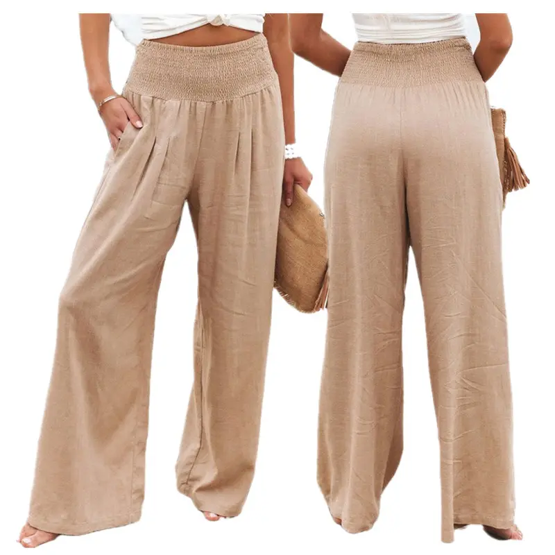 Summer Fall Long Wide Legs Trousers Pleated Smocked Wide Waist Casual Loose High Waist Wide Leg Pants Women