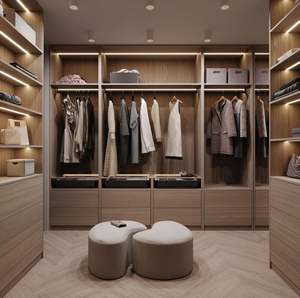 Cbmmart bền MDF thiết kế hiện đại Modular nhân đôi cửa trượt với ngăn kéo lưu trữ LED Strip tủ quần áo tùy chỉnh đi bộ trong tủ quần áo - Product Image 1