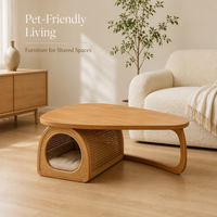 Table basse ronde en rotin, table centrale artisanale en bois avec étagère de rangement, design polyvalent pour humains et animaux