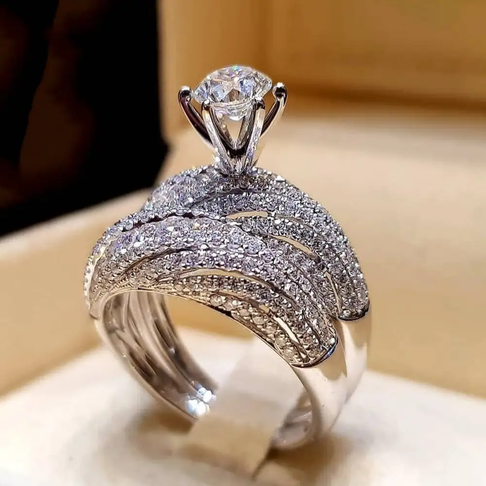 Fashion Custom Silver Sterling 925 Top Quality Luxury Gemstone CZ Diamond Ring Set Wedding Party Rings