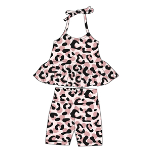 Set Estivo di Alta Qualità per Bambine: Top con Volant e <span class=keywords><strong>Pantaloncini</strong></span> Aderenti, Stampa Leopardata, Completo Comodo Primaverile ed Estivo - Product Image 4