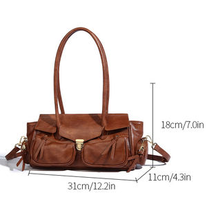 Sac de style moto rétro personnalisé, grande capacité, sac à main pour femme, sous le bras, multi-poches, cuir véritable, sac à bandoulière pour les trajets quotidiens - Product Image 2