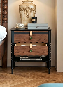Table de chevet en bois massif de qualité supérieure, style vintage français, deux tons, pieds à tiges, 1 tiroir avec étagère, meuble de chambre à coucher, table de chevet stable - Product Image 4