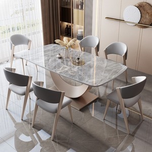 Table et chaises de salle à manger en <span class=keywords><strong>ardoise</strong></span> de style restaurant, table de salle à manger rectangulaire moderne minimaliste de luxe en <span class=keywords><strong>ardoise</strong></span> brillante en forme de croissant - Product Image 3