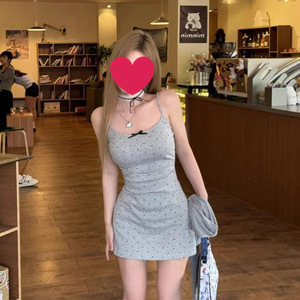 Qizhuang Spicy Suspender Dress Gray Polka Dots Tight Waist Spaghetti Strap Backless Mini Skirt Casual Wear - Product Image 2