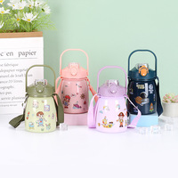 Bouteille d'eau portable en acier inoxydable pour enfants, mignonne et robuste, avec couvercle à rabat verrouillable, paille et poignée de transport