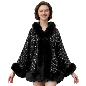 Women Sparkly Sequins <b>Wrap</b> Shawl Elegant Cloak with Faux Fur Trims Winter Warm Cape for Wedding Travel Night Out - Product Image 4