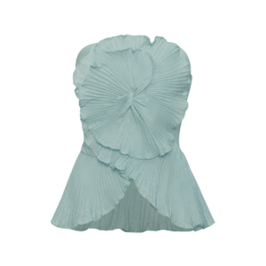 2027 Artistic Pleated Strapless Peplum <strong>Top</strong> <strong>Women</strong> Dusty <strong>Teal</strong> 3D Giant Floral Applique Asymmetrical Ruffle Hem Back Zip Blouse - Product Image 1