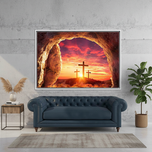 Paisaje de amanecer con cruz cristiana: arte impreso en lienzo, diseño en vidrio templado, lienzo con marco blanco - Product Image 3