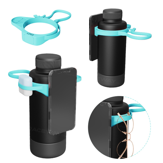 Custom Logo Magnetic Water Bottle Phone Holder with Storage Slots for Cosmetics and Accessories OEM Silicone Strap Phone Mount