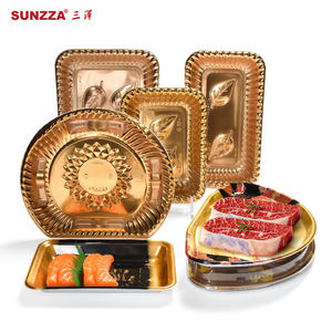 Plats d'emballage pour viande fraîche en plastique brillant doré/argenté Sunzza Premium, barquettes jetables pour fruits de <span class=keywords><strong>mer</strong></span> avec couvercles transparents - Product Image 1