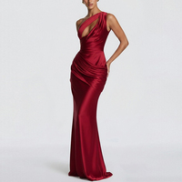 Robe longue en satin pour femme, prête à l'emploi, vente en gros, asymétrique à une épaule, découpée, froncée, moulante, élégante, pour soirée, fête ou invitée de mariage