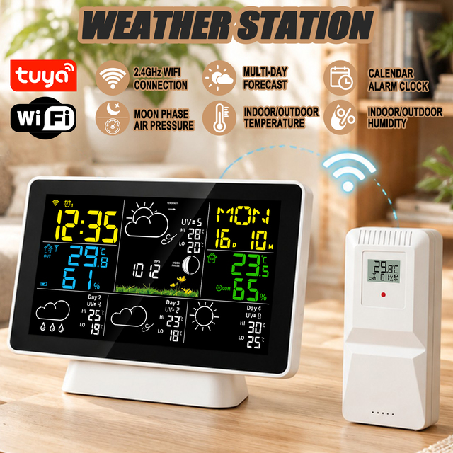 5065WIFI Smart WiFi Weather Station with Tuya App Compatibility Remote Monitoring Temperature & Humidity Forecast for Home Use