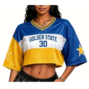 Tailgate Party Mesh Jersey <strong>Crop</strong> <strong>Top</strong> Women <strong>Golden</strong> State Team Fan Wear Sporty Girl Y2K Streetwear Drop Shoulder Jersey T Shirt - Product Image 4