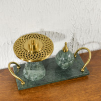 Ensemble de brûleurs d'encens en marbre vert de luxe, brûleur de Bakhoor, brûleur de Mubkhar, brûleur d'Oud avec plateau pour le Ramadan, l'Aïd, la décoration de la maison arabe