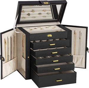 5 niveaux PU cuir <span class=keywords><strong>bijoux</strong></span> organisateur <span class=keywords><strong>grande</strong></span> <span class=keywords><strong>capacité</strong></span> maison PU cuir boîte de rangement avec miroir verre collier maquillage stockage - Product Image 1