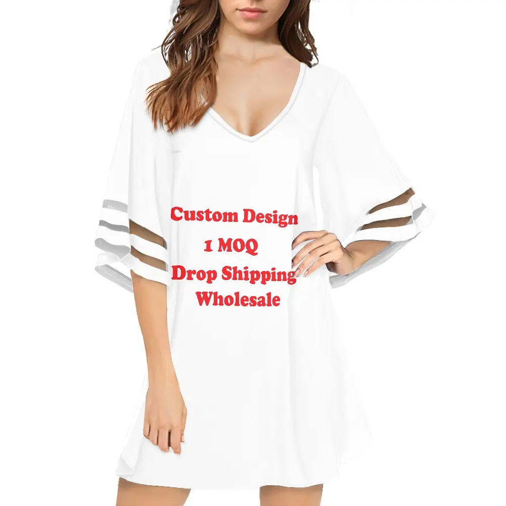 Mode mousseline de soie robes droites avec manches évasées Logo personnalisé Image impression sur demande robes d'été femmes été en gros quantité minimale de commande 1