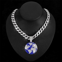 Chaîne cubaine de 15 mm en alliage et strass, style hip-hop, avec pendentif bleu terre, vente en gros d'usine 2024