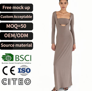 Vestido largo <span class=keywords><strong>de</strong></span> noche sexy para mujer, <span class=keywords><strong>de</strong></span> manga larga, cuello cuadrado, con aberturas, ajustado, <span class=keywords><strong>de</strong></span> color liso, para <span class=keywords><strong>fiesta</strong></span>, venta al por mayor - Product Image 1