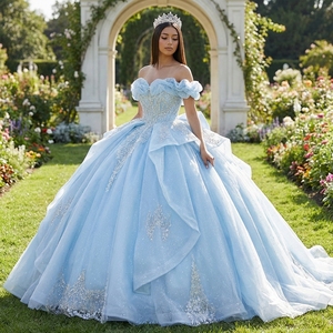 Vestido de Quinceañera Azul con Escote Corazón, Modelo LSMU162, Sin Mangas, Cola Capilla, Largo hasta el Suelo, 100% Poliéster, Estilo Vestido de Gala - Product Image 1