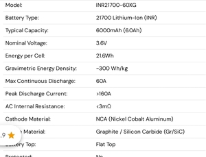 TENPOWER 60XG 21700 6000mAh 60A <strong>Battery</strong> 3.6V for <strong>Battery</strong> Pack Power Tools Scooter <strong>Drone</strong> - Product Image 2