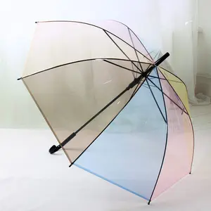 Venta al por mayor transparente paraguas corea-Paraguas transparente de Color arcoíris para chica, sombrilla de viaje a prueba de viento, mango largo, barra recta, para lluvia, regalos de Corea