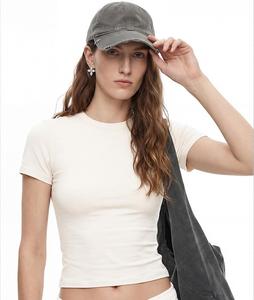 Camiseta corta informal de manga corta para mujer, estilo europeo y americano, de alta elasticidad, hombros descubiertos, ajustada, para primavera y verano. - Product Image 1