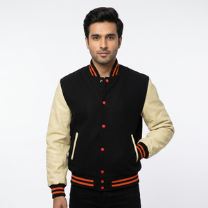 เสื้อแจ็คเก็ตเบสบอลแบบ Varsity Letterman คุณภาพสูงสั่งทำพิเศษสำหรับผู้ชาย ผลิตจากหนังแท้ 100% ผ้าขนสัตว์และผ้าแคนวาส พร้อมโลโก้ด้านหน้า - Product Image 1