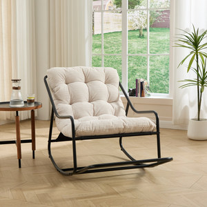 Silla mecedora para exteriores con cojín suave y grueso, marco negro, cojín blanco, para sala de estar, dormitorio, sala de lectura - Product Image 5