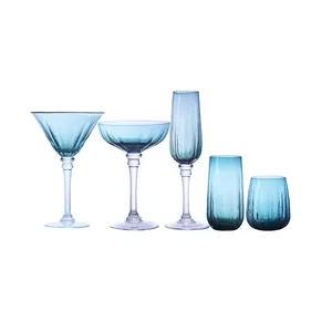 Personalized Hand Blown Blue Ribbed Glassware Set with Ripple Wine Glasses Champagne Coupe Ice Cream Cocktail Juice Water Cup