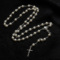 Collier de chapelet catholique en perles de verre imitation perle blanche, chapelet de première communion avec chalice central, perles de prière, vente en gros