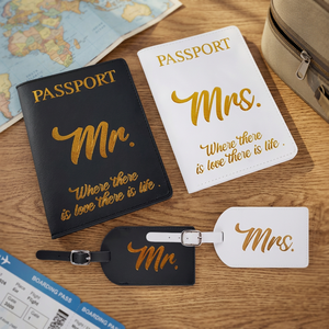 Ensemble de housses de passeport en cuir PU Mr & Mrs avec étiquettes de bagages, design classique gaufré or, accessoires de voyage pour couples - Product Image 2