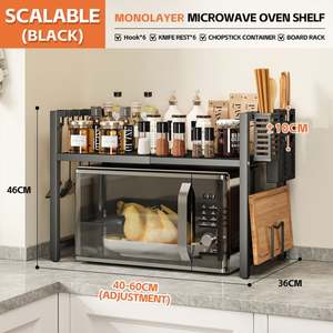 Étagère de rangement métallique rétractable à un seul niveau pour micro-ondes de comptoir avec crochets, support pour couteaux et baguettes - Product Image 6