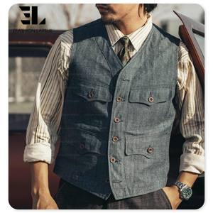 LARSUR Gilet en jean avec braguette à boutons, robe formelle personnalisée avec boucle de <span class=keywords><strong>Paris</strong></span>, veste en jean sans manches coupe ajustée pour hommes - Product Image 3